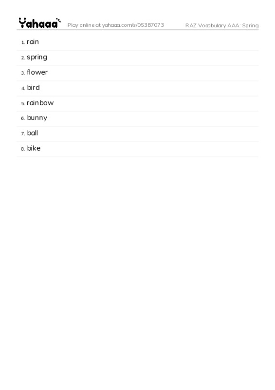 RAZ Vocabulary AAA: Spring PDF words glossary