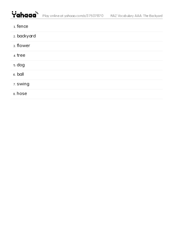 RAZ Vocabulary AAA: The Backyard PDF words glossary