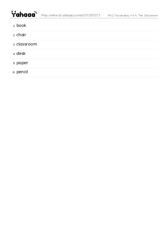 RAZ Vocabulary AAA: The Classroom PDF words glossary