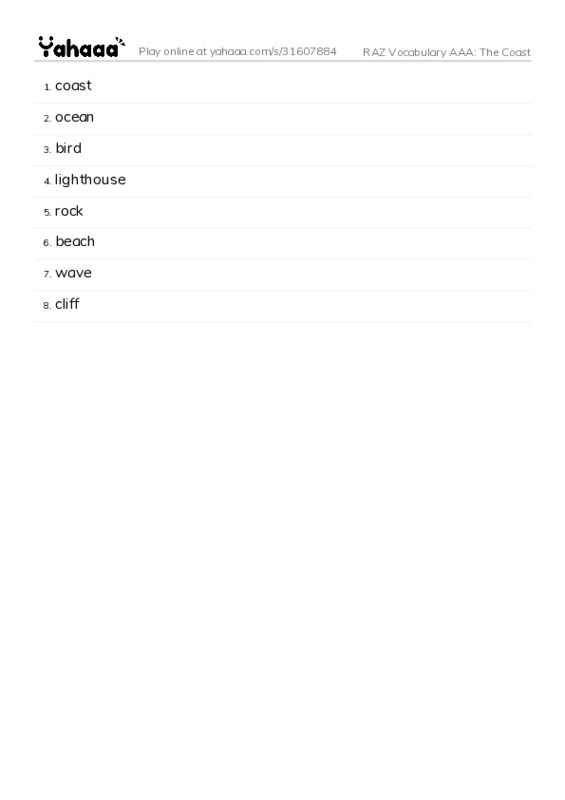 RAZ Vocabulary AAA: The Coast PDF words glossary