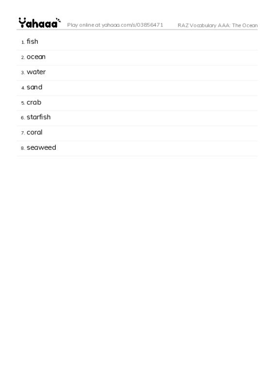 RAZ Vocabulary AAA: The Ocean PDF words glossary