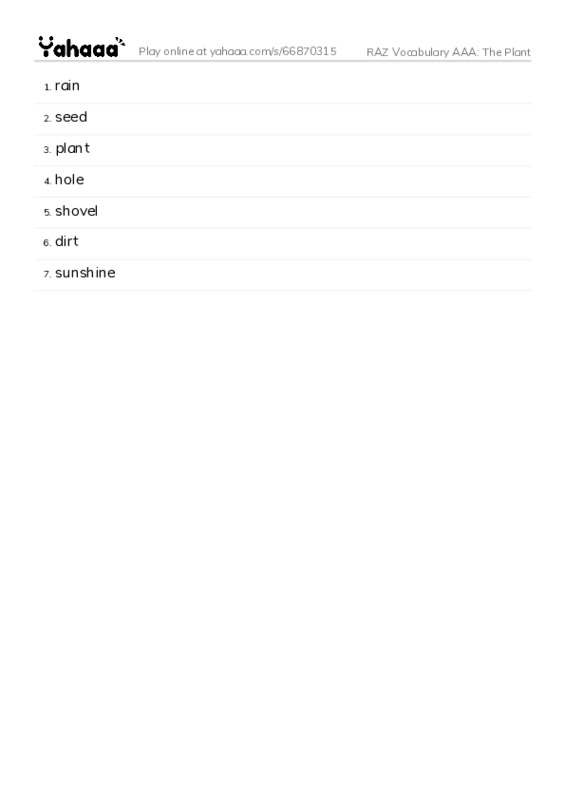 RAZ Vocabulary AAA: The Plant PDF words glossary