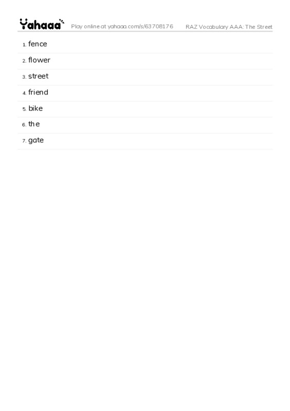 RAZ Vocabulary AAA: The Street PDF words glossary