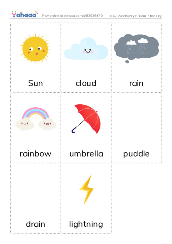 RAZ Vocabulary B: Rain in the City PDF flaschards with images