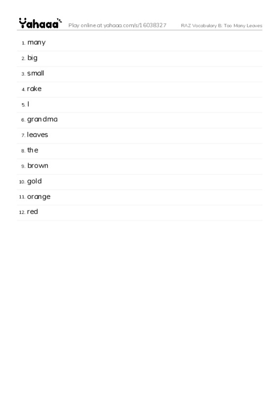 RAZ Vocabulary B: Too Many Leaves PDF words glossary