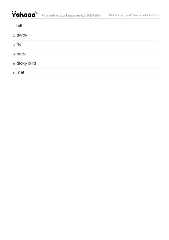 RAZ Vocabulary B: Two Little Dicky Birds PDF words glossary