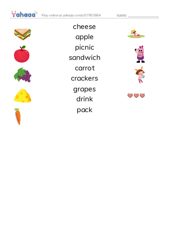RAZ Vocabulary B: We Pack a Picnic PDF three columns match words