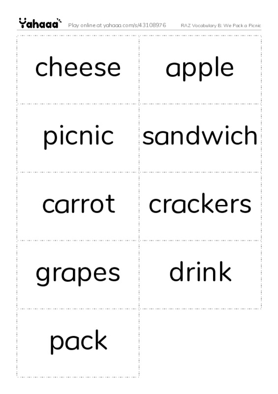 RAZ Vocabulary B: We Pack a Picnic PDF two columns flashcards