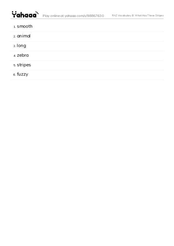 RAZ Vocabulary B: What Has These Stripes PDF words glossary
