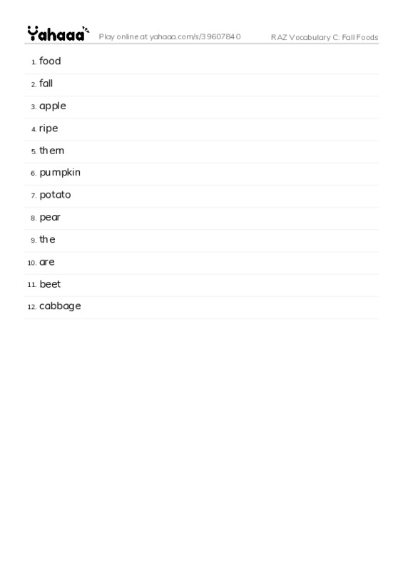 RAZ Vocabulary C: Fall Foods PDF words glossary