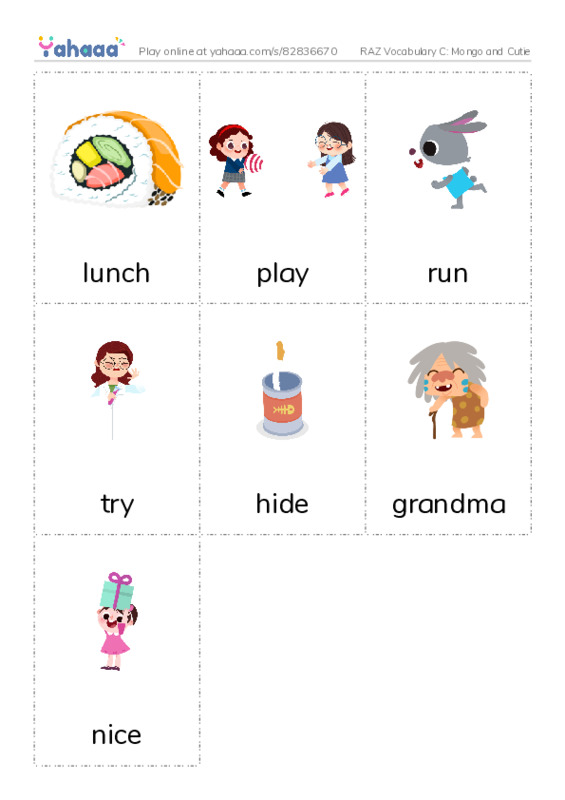 RAZ Vocabulary C: Mongo and Cutie PDF flaschards with images