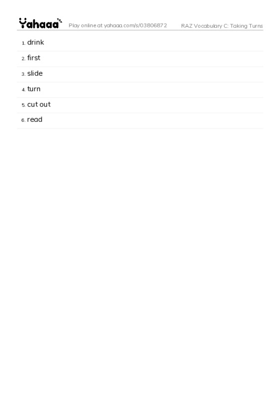 RAZ Vocabulary C: Taking Turns PDF words glossary