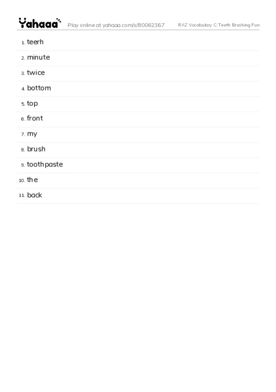 RAZ Vocabulary C: Teeth Brushing Fun PDF words glossary