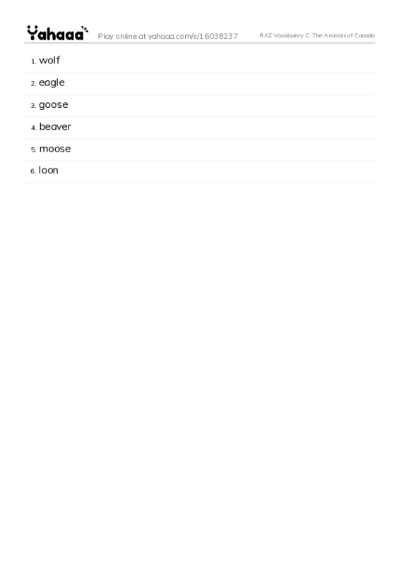 RAZ Vocabulary C: The Animals of Canada PDF words glossary