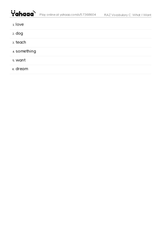 RAZ Vocabulary C: What I Want PDF words glossary