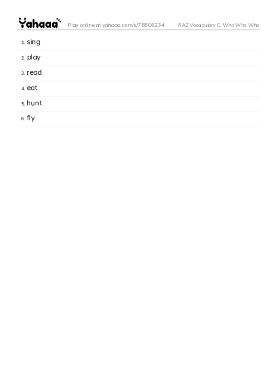 RAZ Vocabulary C: Who Who Who PDF words glossary