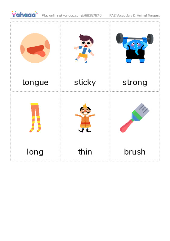 RAZ Vocabulary D: Animal Tongues PDF flaschards with images