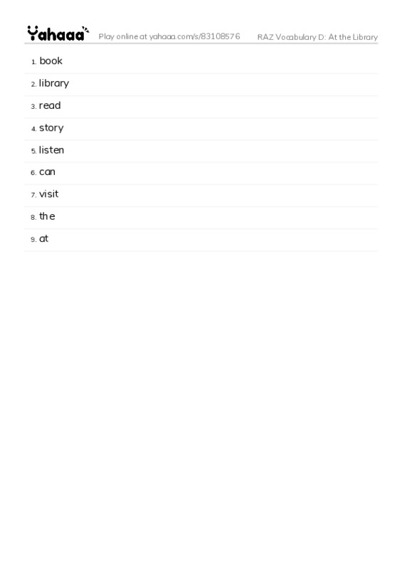 RAZ Vocabulary D: At the Library PDF words glossary