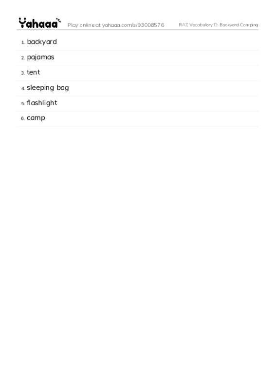 RAZ Vocabulary D: Backyard Camping PDF words glossary