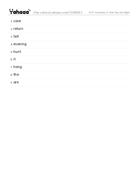 RAZ Vocabulary D: Bats Day and Night PDF words glossary