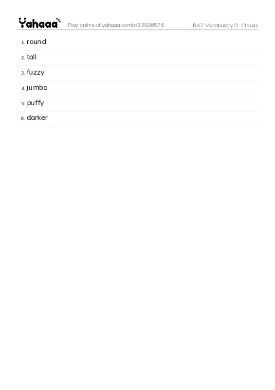 RAZ Vocabulary D: Clouds PDF words glossary
