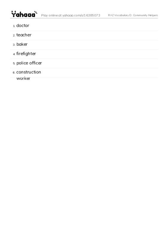 RAZ Vocabulary D: Community Helpers PDF words glossary