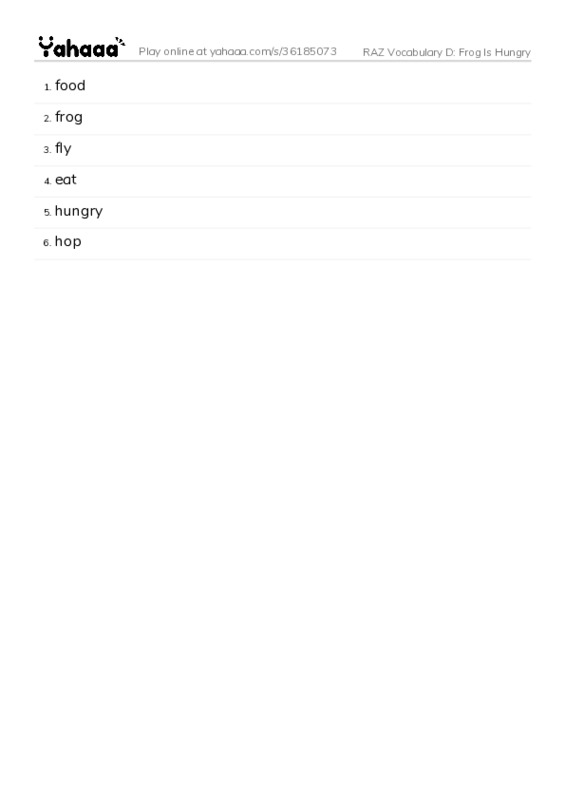 RAZ Vocabulary D: Frog Is Hungry PDF words glossary