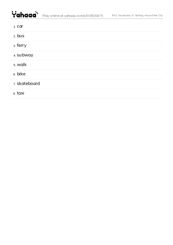 RAZ Vocabulary D: Getting Around the City PDF words glossary