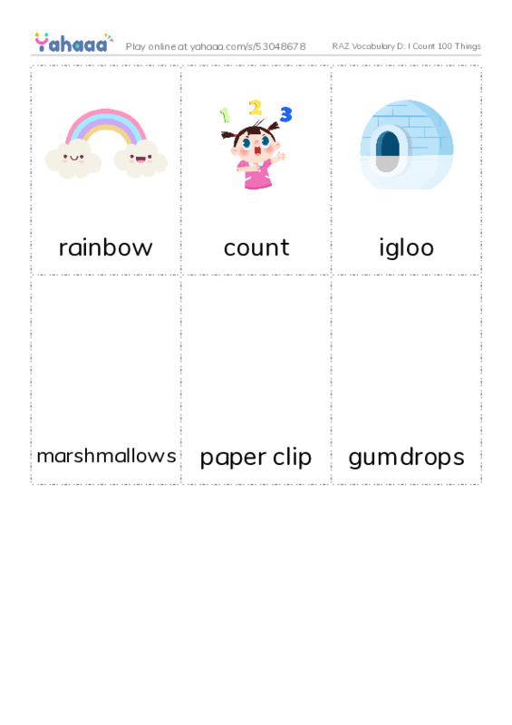 RAZ Vocabulary D: I Count 100 Things PDF flaschards with images