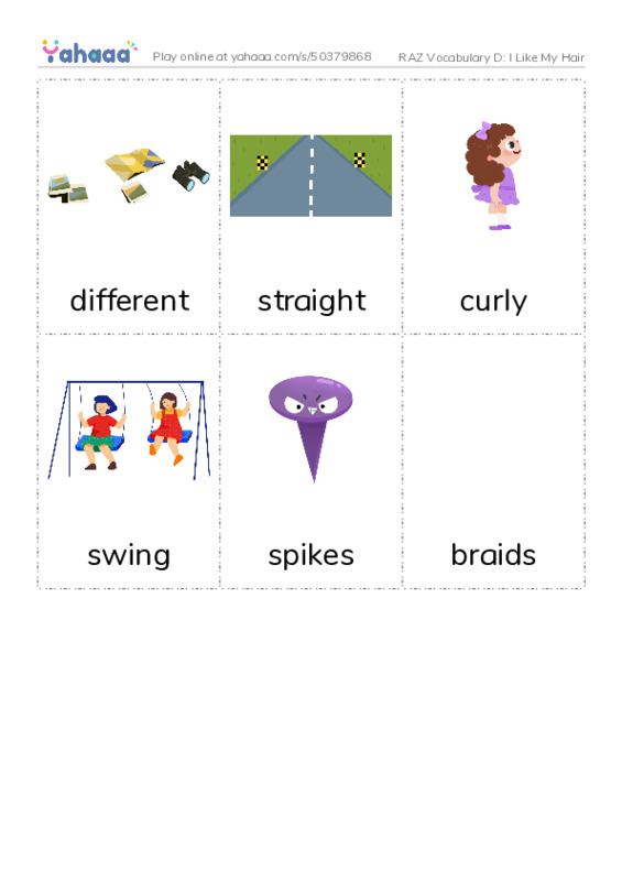 RAZ Vocabulary D: I Like My Hair PDF flaschards with images