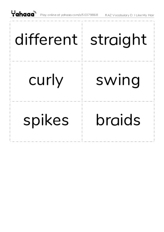 RAZ Vocabulary D: I Like My Hair PDF two columns flashcards