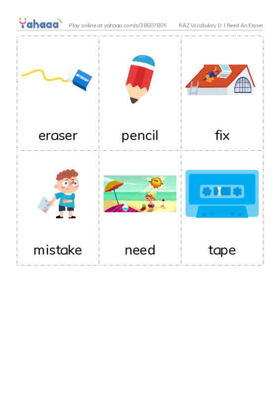 RAZ Vocabulary D: I Need An Eraser PDF flaschards with images