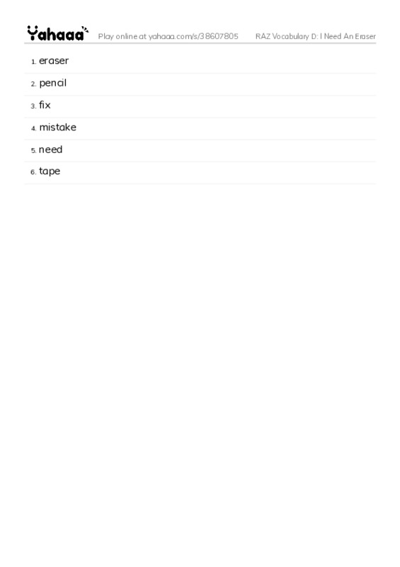 RAZ Vocabulary D: I Need An Eraser PDF words glossary