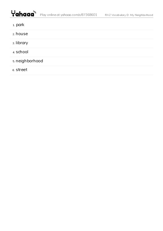 RAZ Vocabulary D: My Neighborhood PDF words glossary