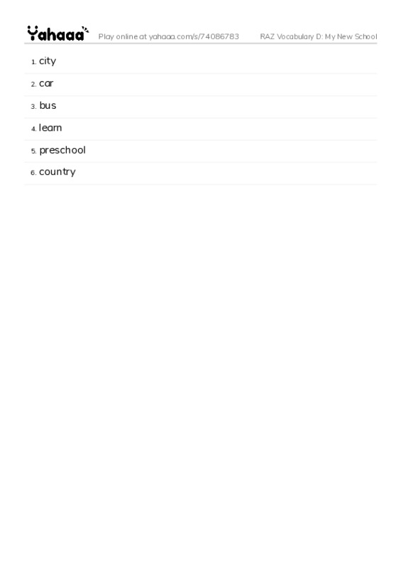 RAZ Vocabulary D: My New School PDF words glossary