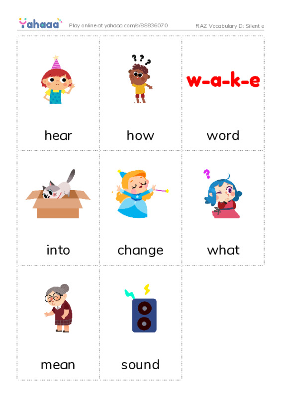 RAZ Vocabulary D: Silent e PDF flaschards with images