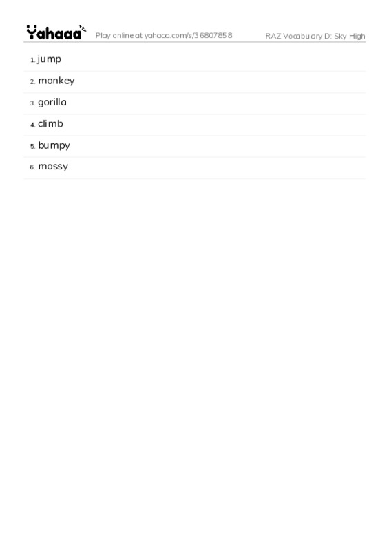 RAZ Vocabulary D: Sky High PDF words glossary