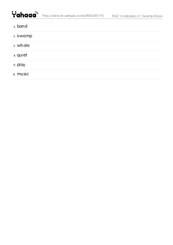 RAZ Vocabulary D: Swamp Music PDF words glossary