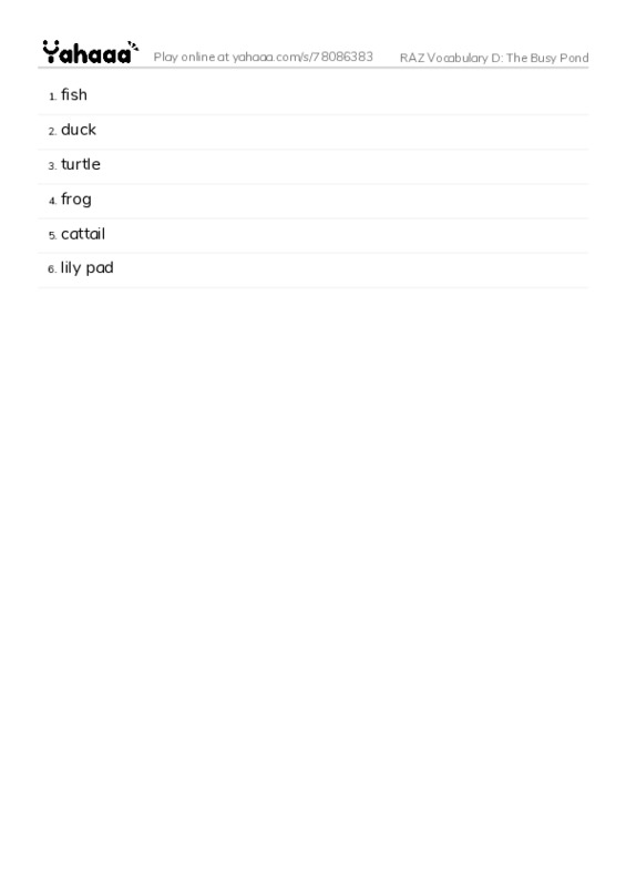 RAZ Vocabulary D: The Busy Pond PDF words glossary