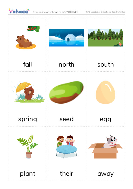 RAZ Vocabulary D: Welcome Back Butterflies PDF flaschards with images