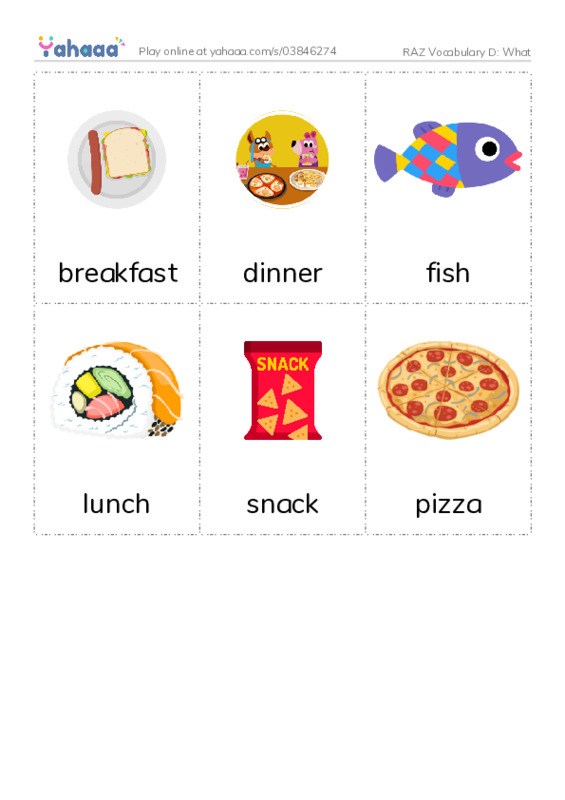 RAZ Vocabulary D: What PDF flaschards with images