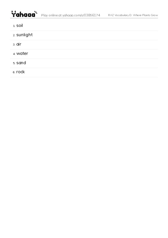 RAZ Vocabulary D: Where Plants Grow PDF words glossary