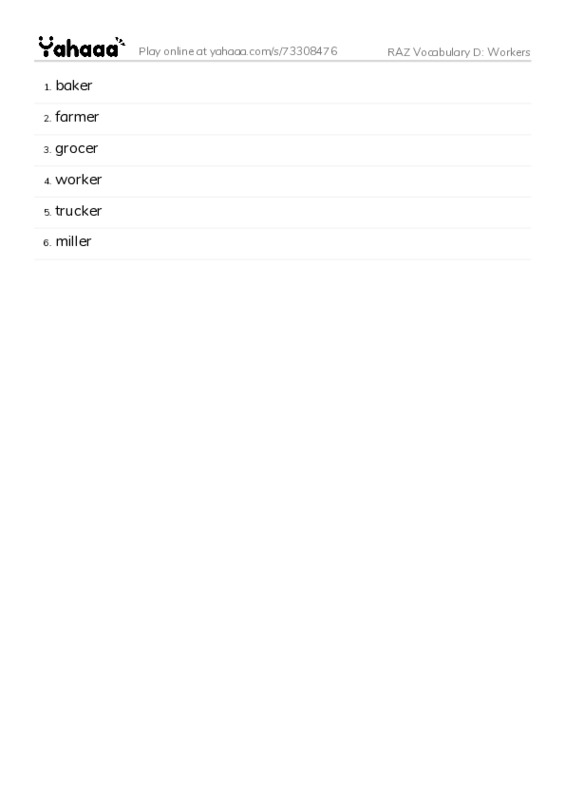 RAZ Vocabulary D: Workers PDF words glossary