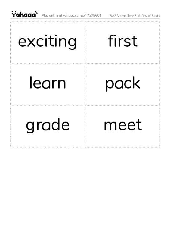RAZ Vocabulary E: A Day of Firsts PDF two columns flashcards