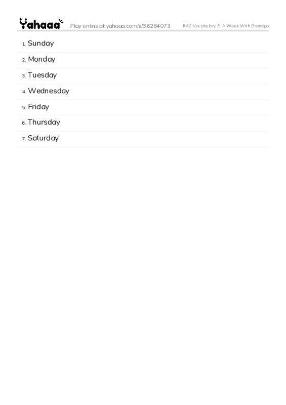RAZ Vocabulary E: A Week With Grandpa PDF words glossary