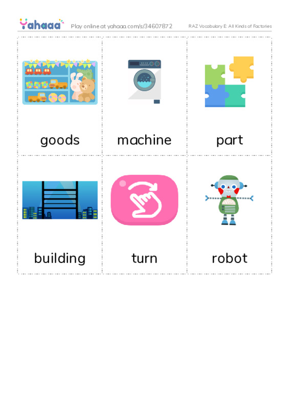 RAZ Vocabulary E: All Kinds of Factories PDF flaschards with images