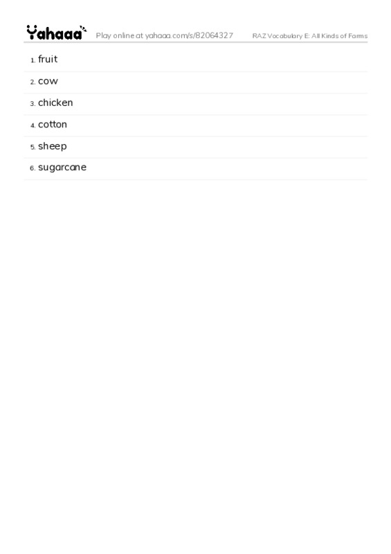 RAZ Vocabulary E: All Kinds of Farms PDF words glossary
