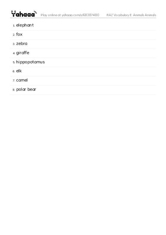 RAZ Vocabulary E: Animals Animals PDF words glossary
