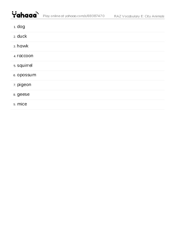 RAZ Vocabulary E: City Animals PDF words glossary