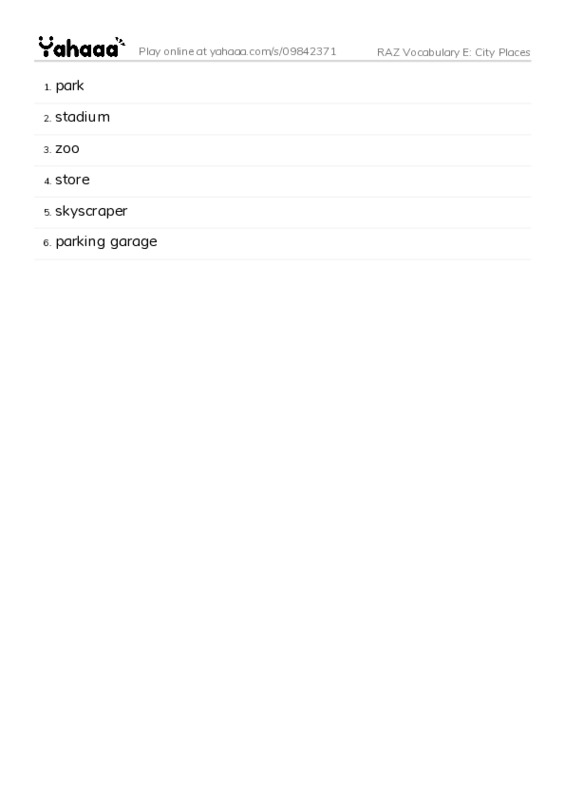 RAZ Vocabulary E: City Places PDF words glossary